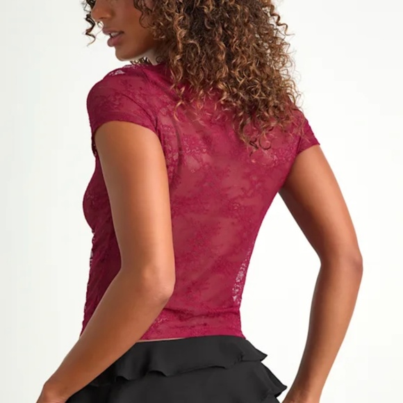 Lulus Clearly Sultry Burgundy Lace Sheer Short Sleeve Top Red - Size L - Picture 2 of 2